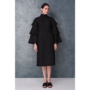 NWT Turn Black Womens Black Ruffle Layered Sleeve Linen High Neck Midi Dress XL